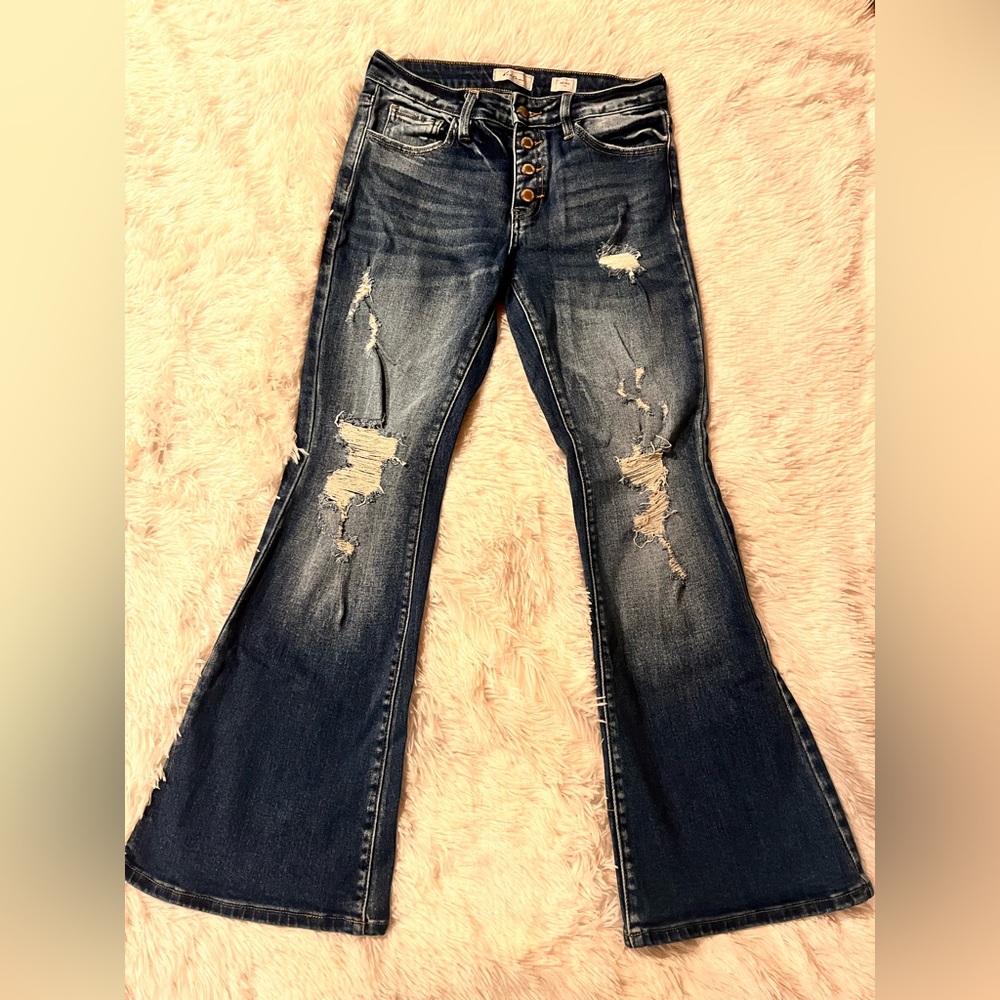 KanCan Dark Blue Distressed Flare Jeans